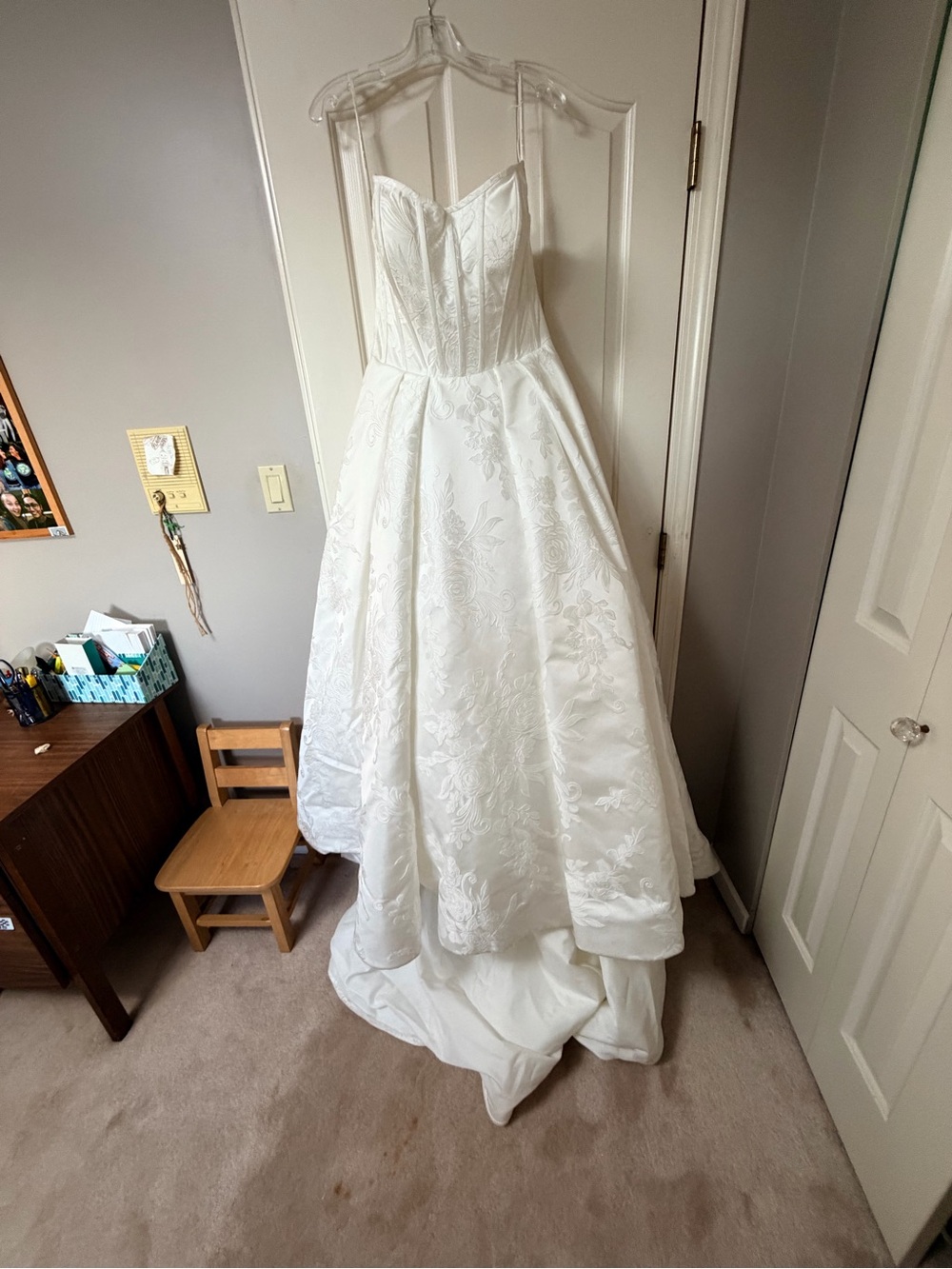 White Floral Strapless Ball Gown Wedding Dress